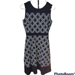 Land's End Celestial Navy Blue and White Geo Tile Print Wedding Guest Dress 2